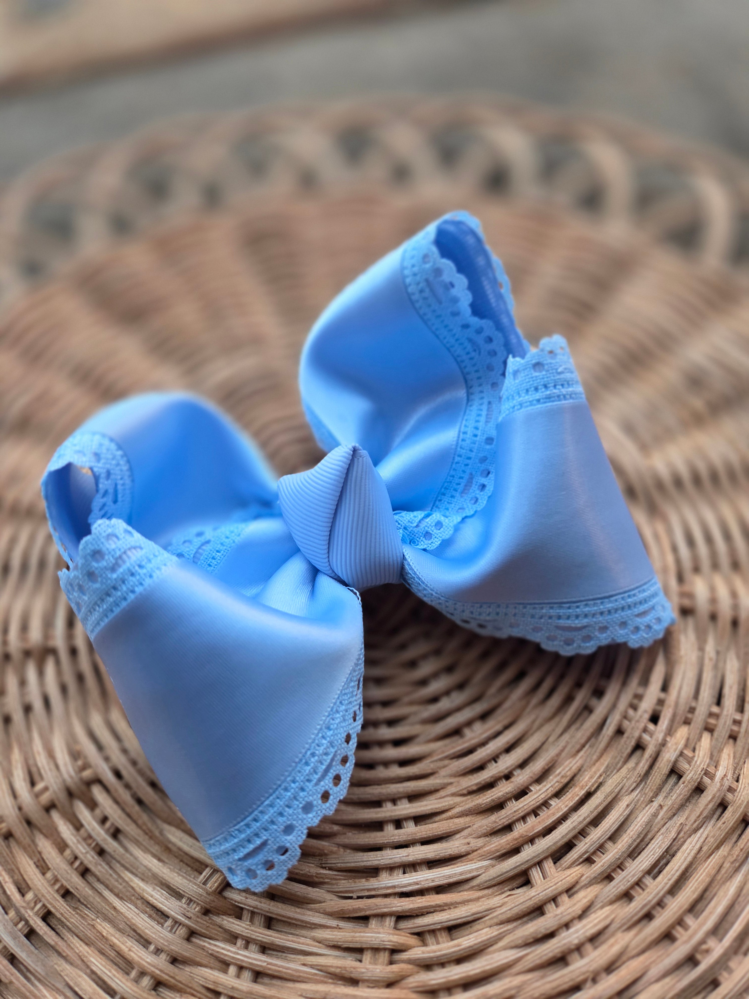 RTS Sale-4" Baby Blue Satin & Scallops Bow on Clip