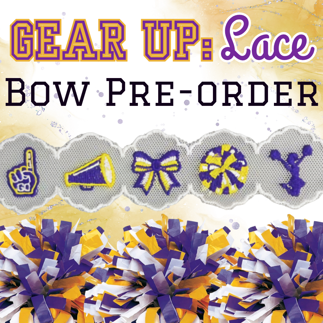 Purple & Yellow: GAMEDAY LACE Bow on Clip - ETA September (or possibly sooner!)