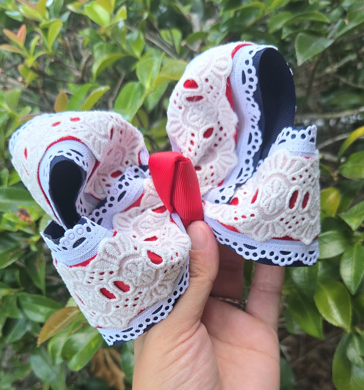 RTS Red, White, & Navy with Eyelet Bow on Clip