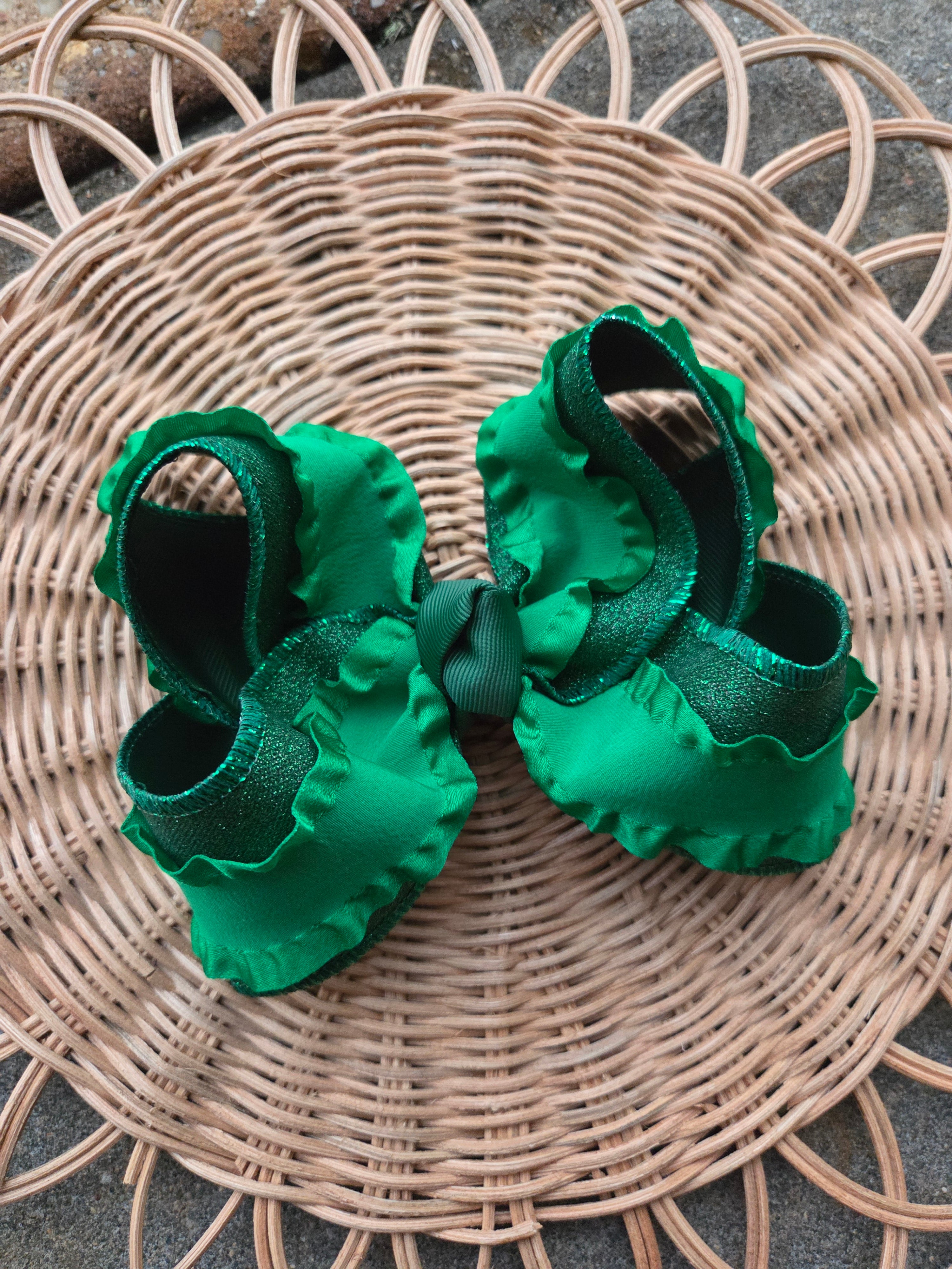RTS Sale-6" Emerald Shimmer & Ruffles Bow on Clip