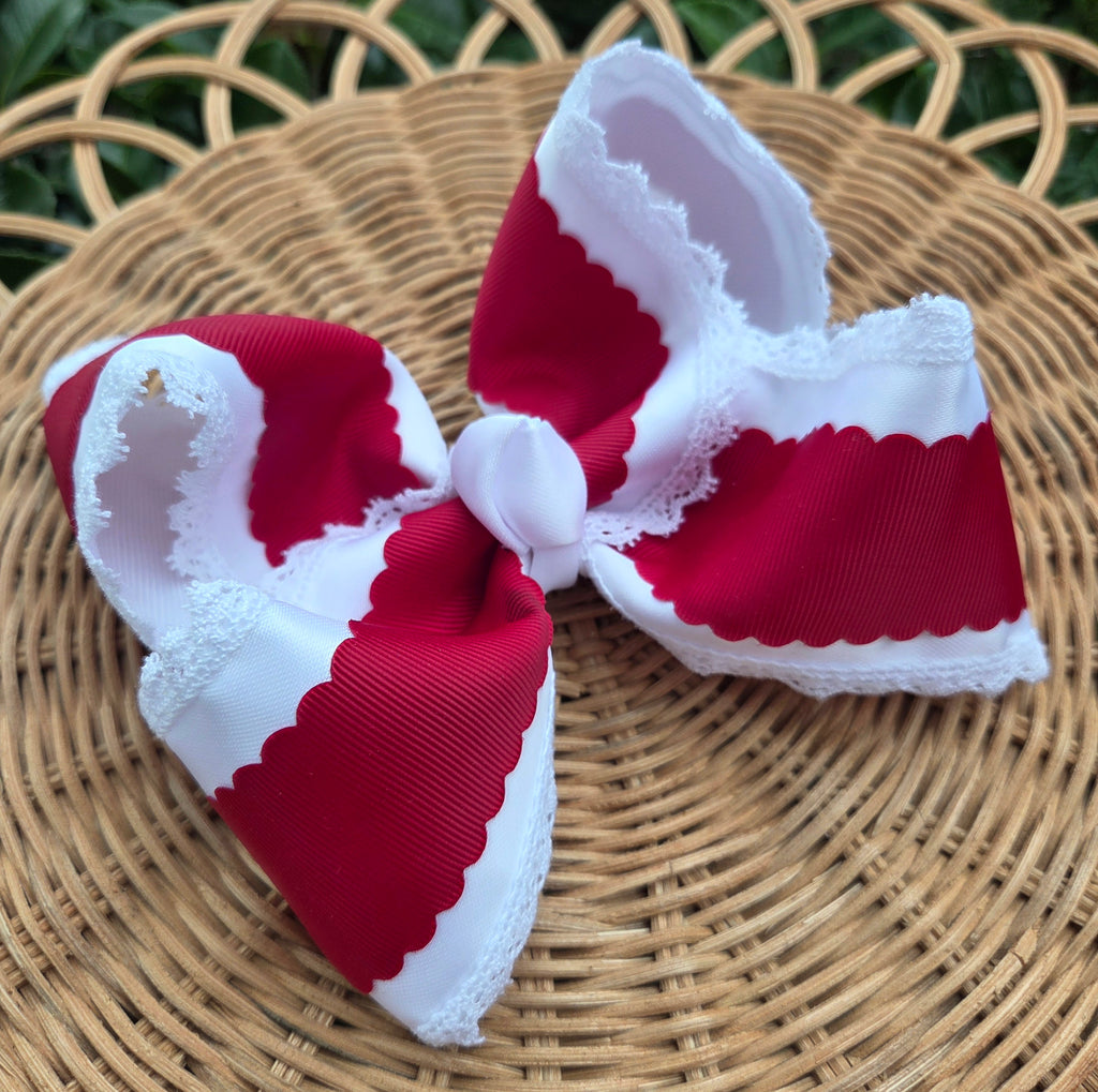 RTS Sale • (SMALL STAIN) 6" White & Burgundy Bow on Clip