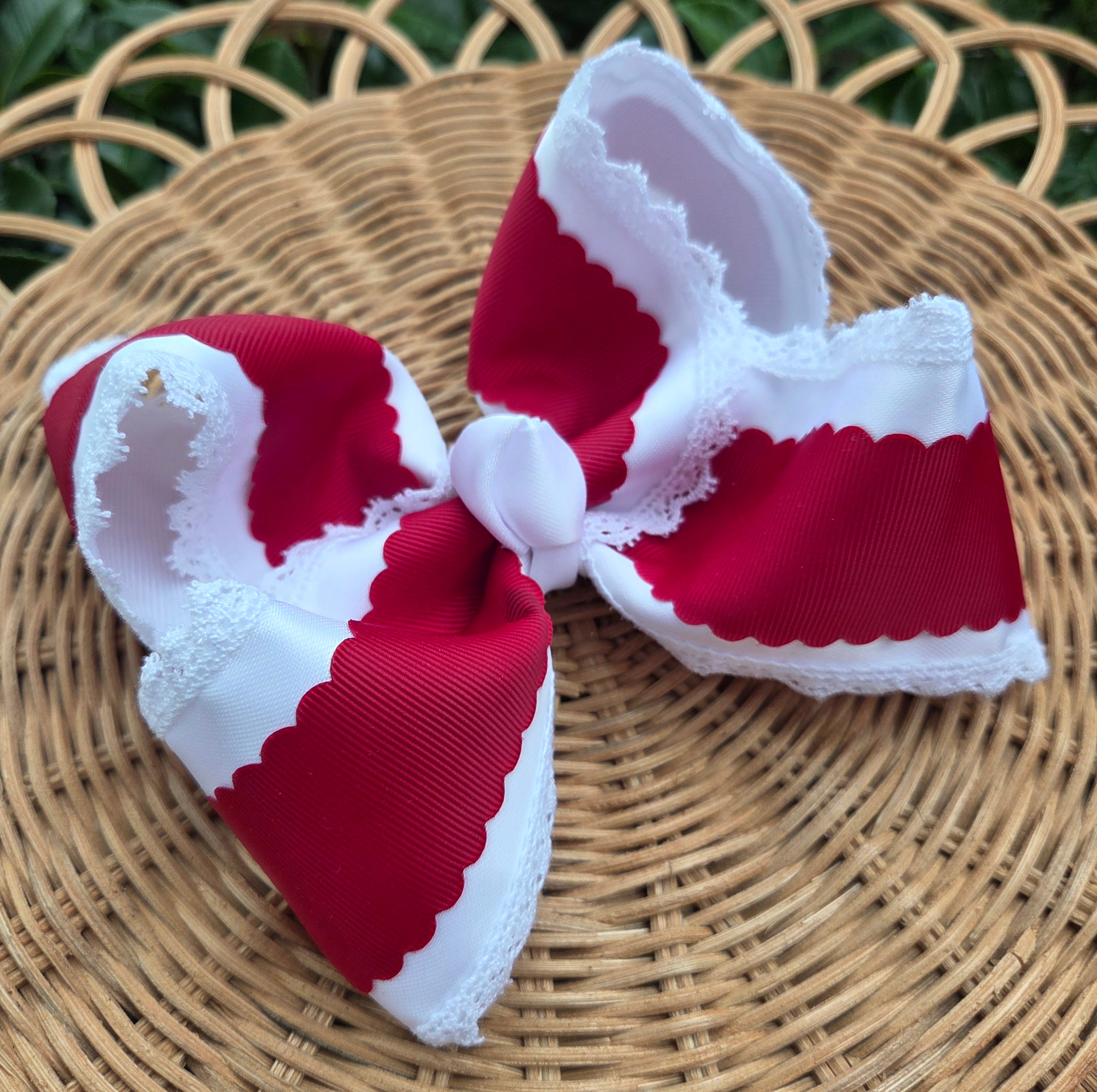 RTS Sale • (SMALL STAIN) 6" White & Burgundy Bow on Clip