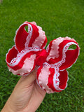 6" Red Satin Moonstitch & Pink Ruffle Bow on Clip