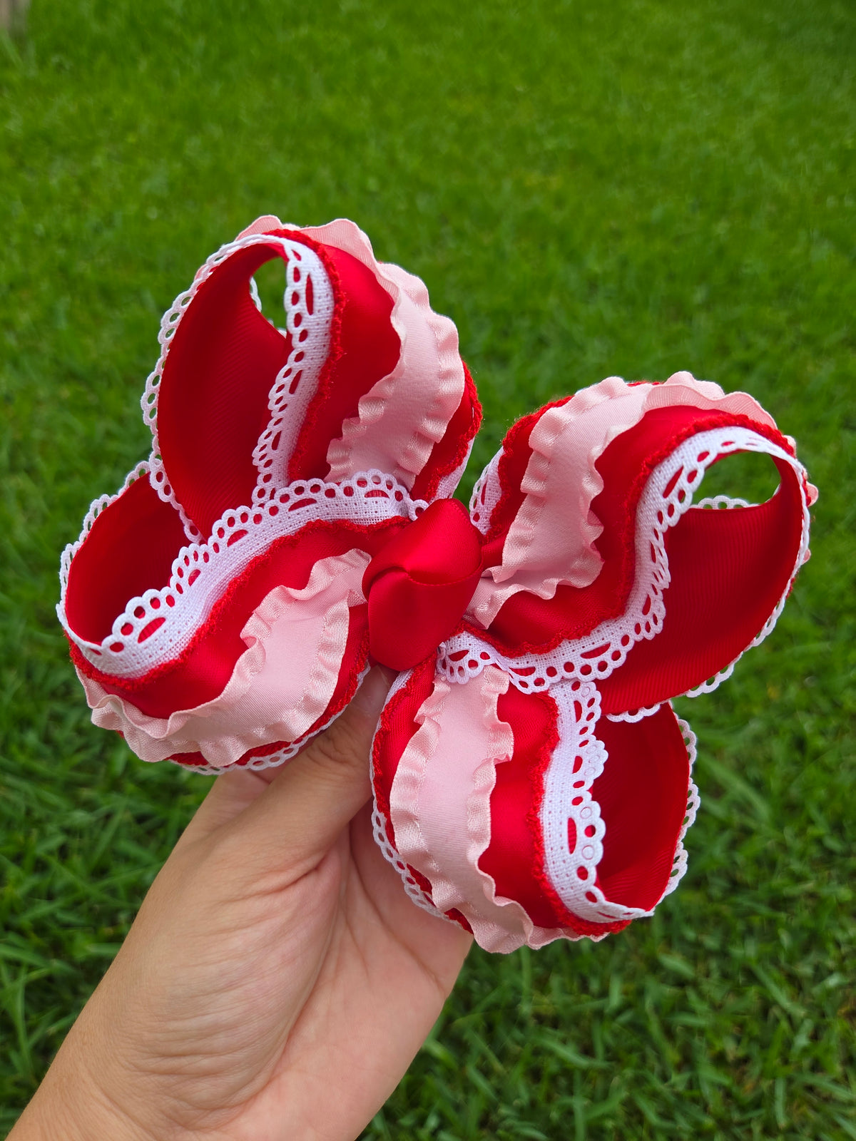 6" Red Satin Moonstitch & Pink Ruffle Bow on Clip