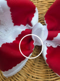 RTS Sale • (SMALL STAIN) 6" White & Burgundy Bow on Clip
