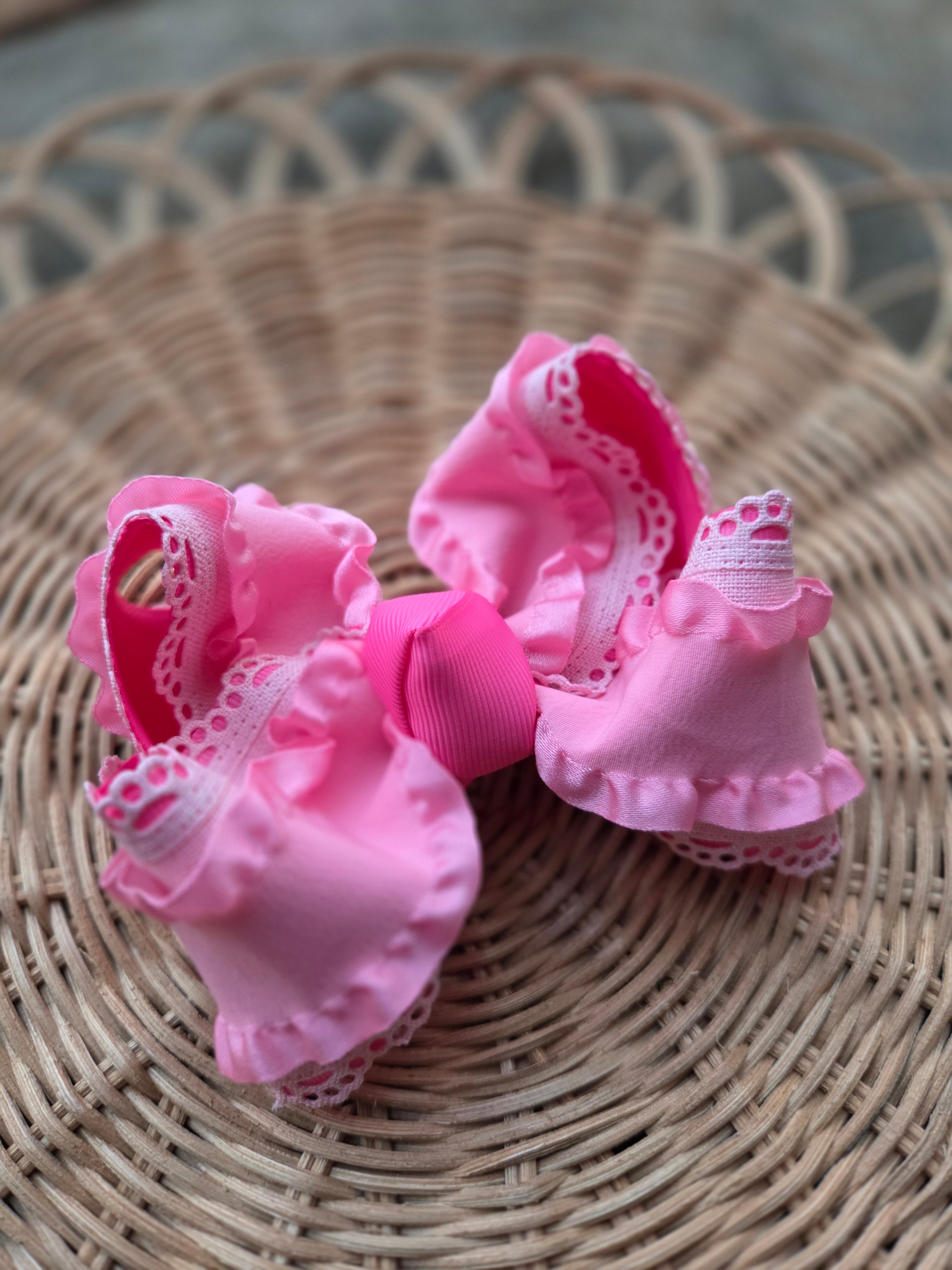 RTS Sale-4" Pink Ruffles & Scallops Bow on Clip