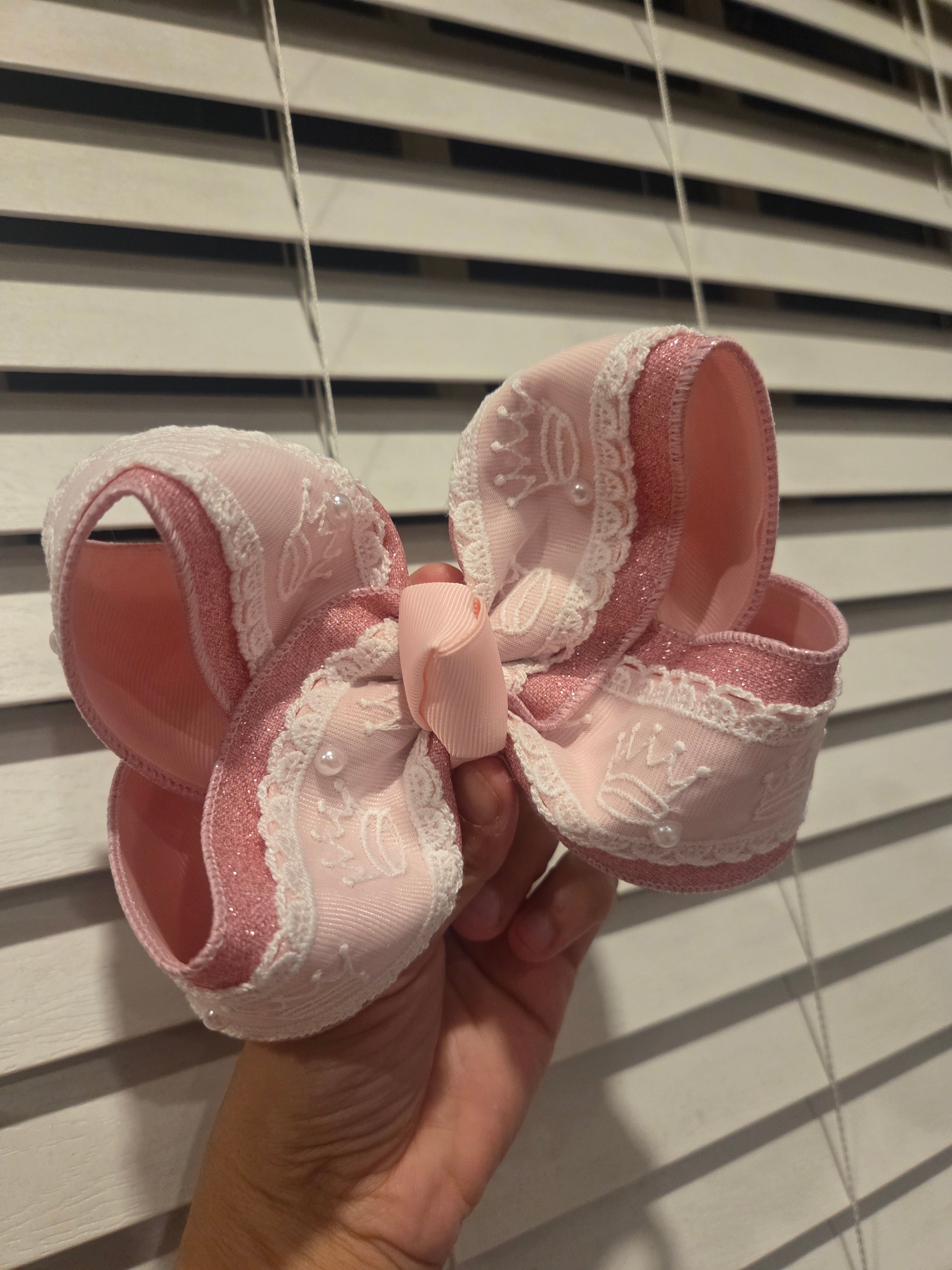 6" All Pink Princess Crown Lace Bow on Clip