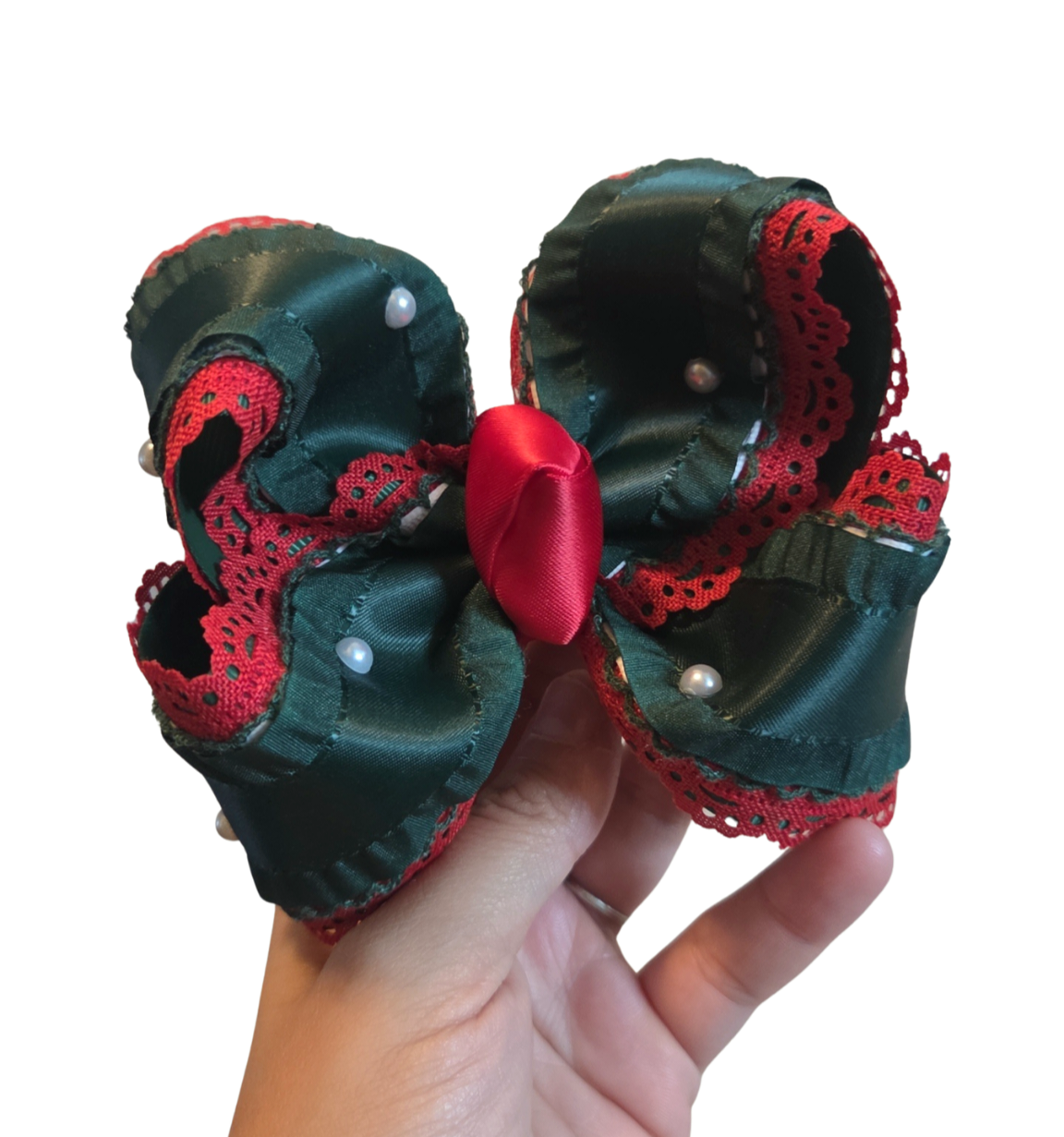 Emerald Green & Red Christmas Ruffles Bow on Clip