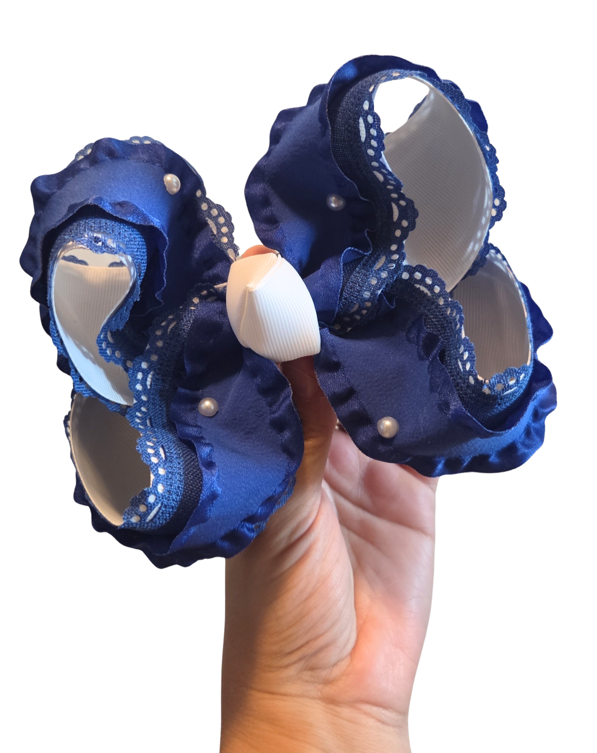 6" Royal Blue & White Scallop & Ruffles Bow on Clip