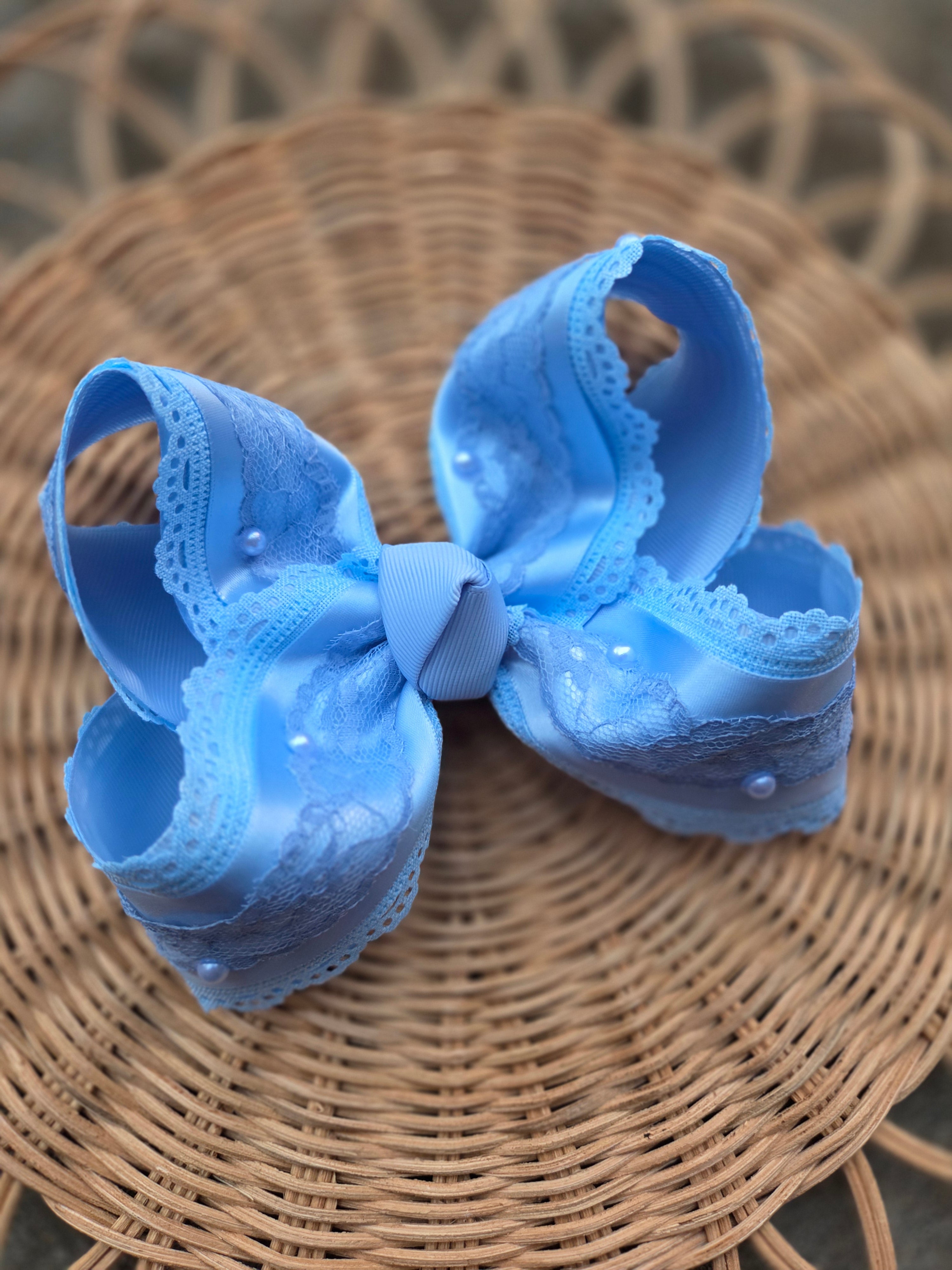 RTS Sale-6" Baby Blue Satin & Scallops w/pears and lace Bow on Clip