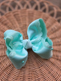 RTS Sale-4" Mint Satin & Scallops w/pearls Bow on Clip