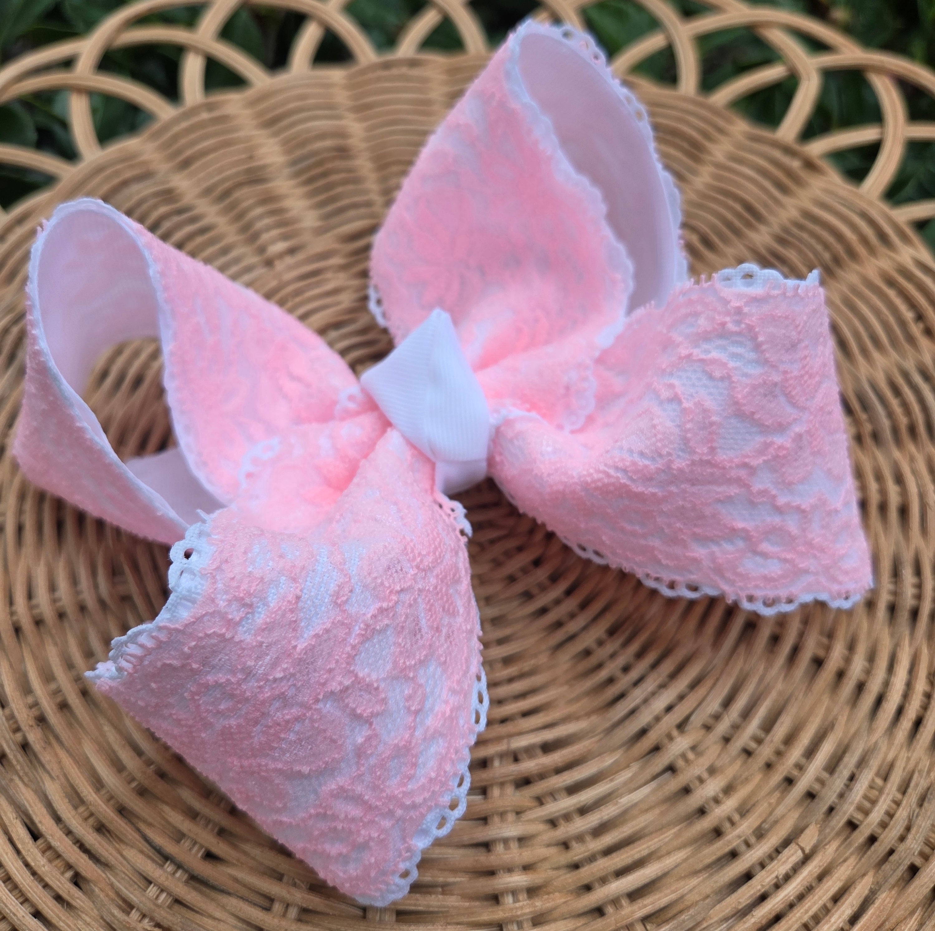 RTS Sale • 6" White with Pink Lace Overlay Bow on Clip