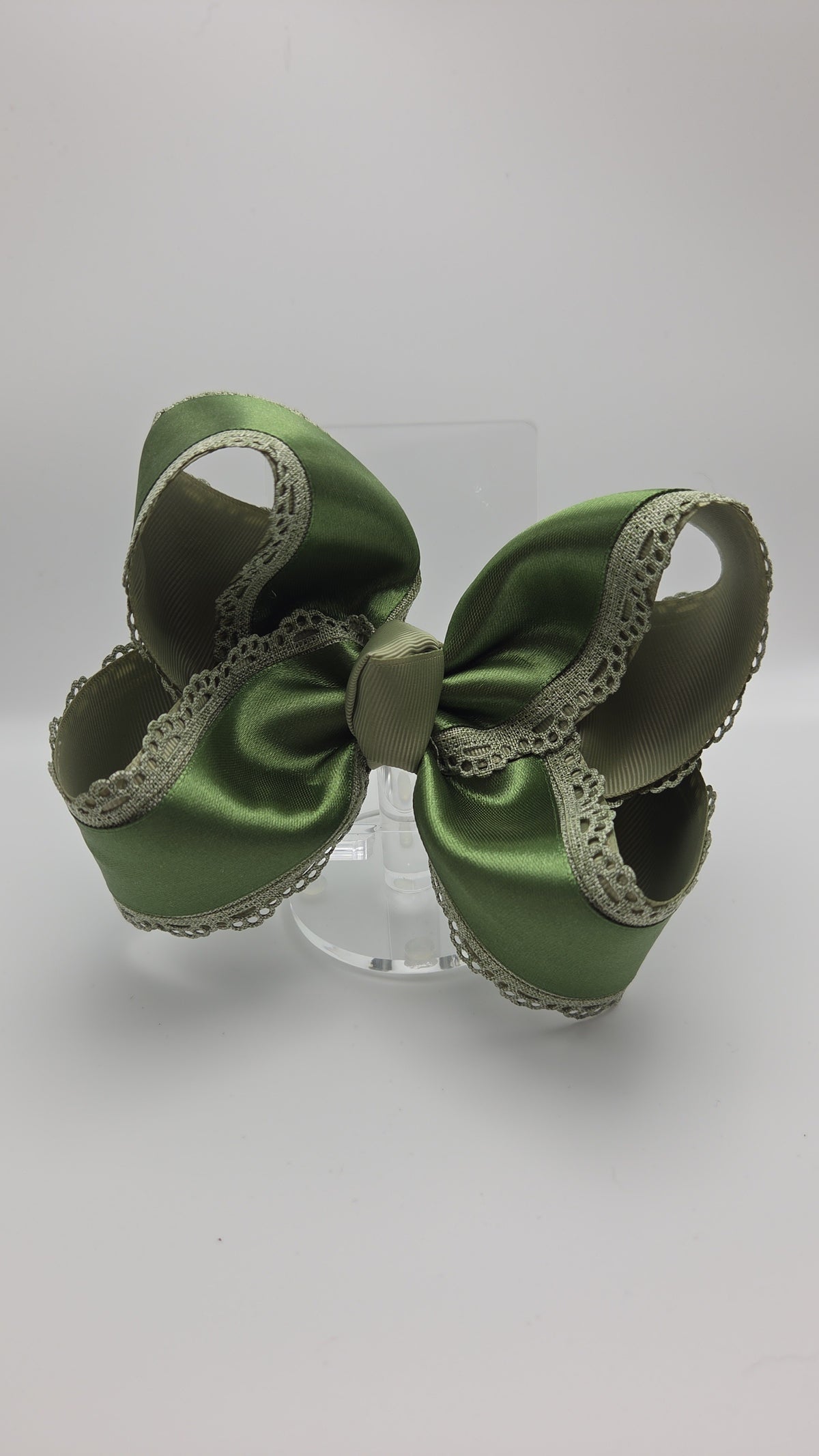 Olive Green Satin & Scallop Bow on Clip